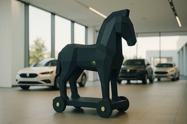 An elegant wooden Trojan horse stands in a modern car dealership showroom — a subtle warning about vendor tools dressed up as partnerships.