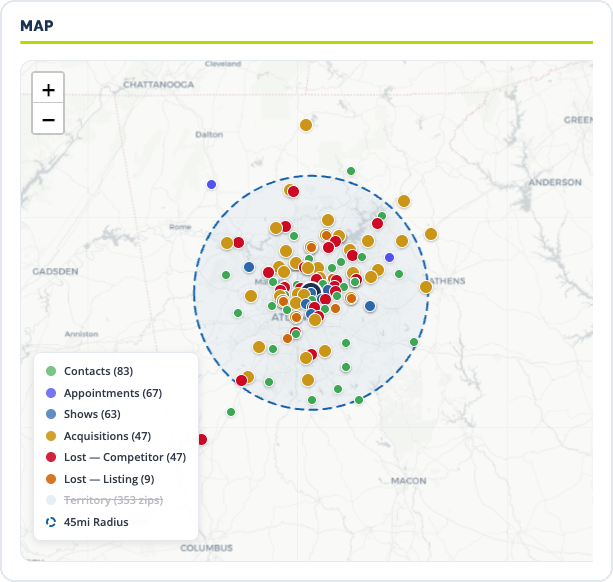 VAN PACE market map showing contacts, appointments, shows, acquisitions, and lost cars plotted around an Atlanta dealership with a 45 mile radius