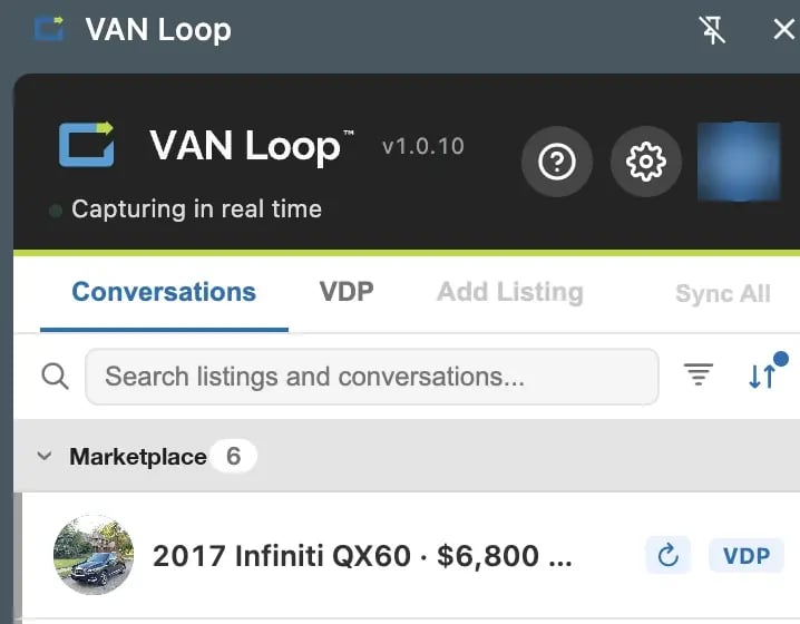 VAN Loop conversations list in Chrome showing a captured seller thread with a link to its VAN vehicle page