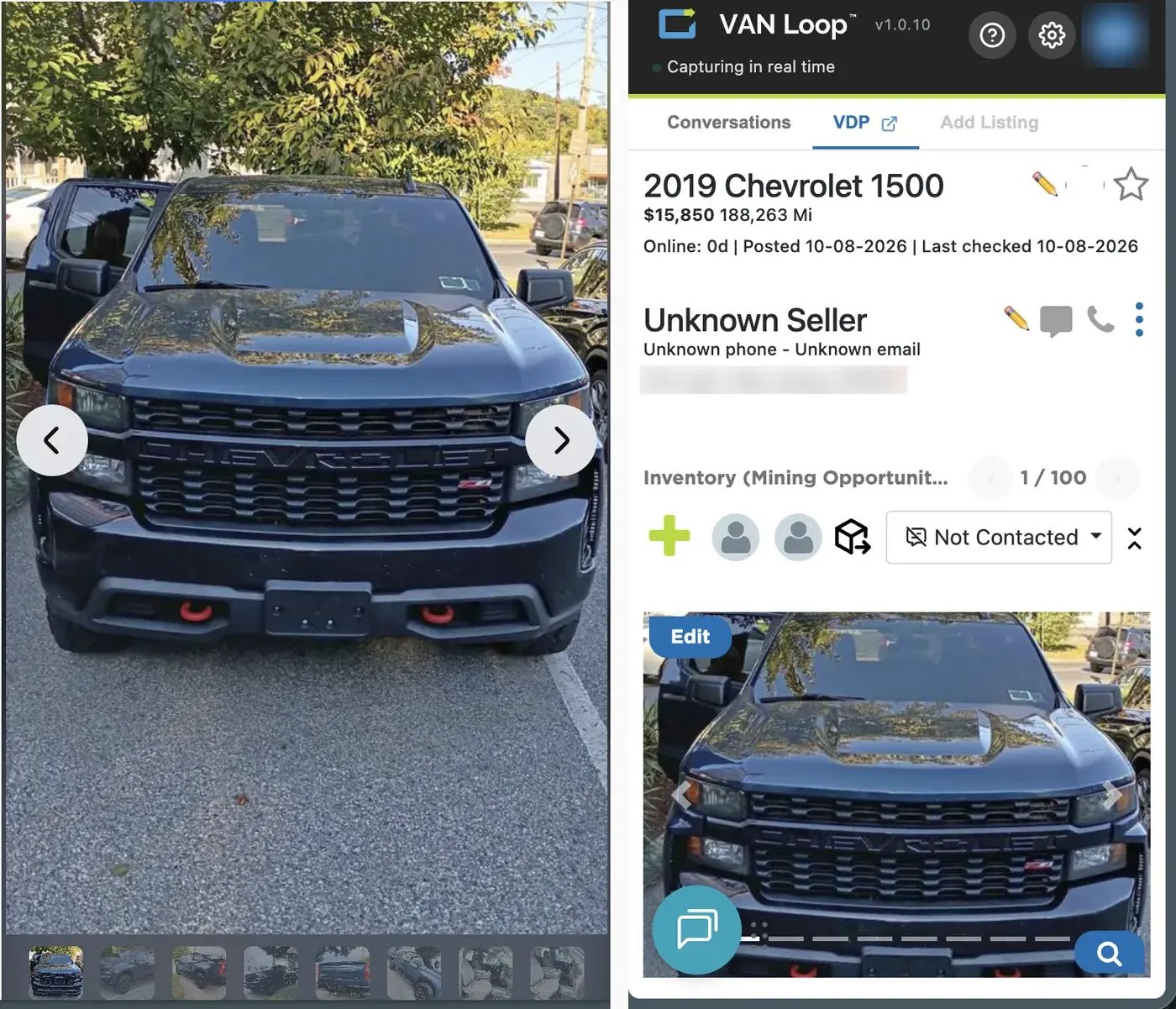 A private-seller listing photo on the left with the VAN vehicle page open beside it in the VAN Loop Chrome side panel